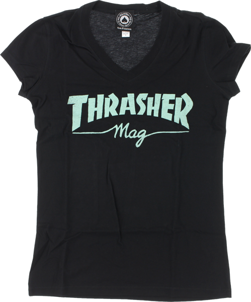 Thrasher Mag Logo Girls V-Neck T-Shirt - Size: MEDIUM Black/Mint