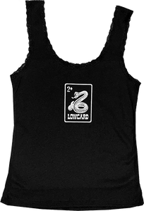 Lowcard Rattler Card Lace Trimmed Tank Top Size: LARGE Black