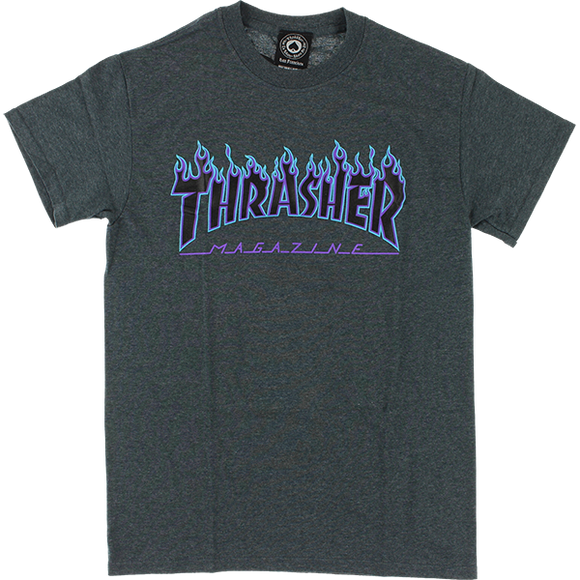 Thrasher Flame T-Shirt - Size: MEDIUM Dk.Grey Heather/Blue