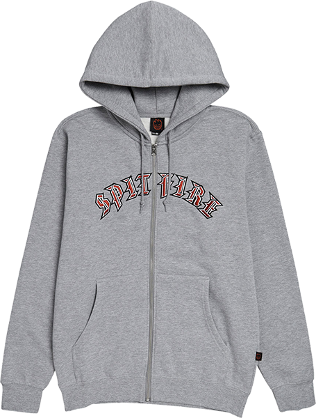 Spitfire Old E Emb Zip Hooded Sweatshirt - MEDIUM Grey Heather/Red/White